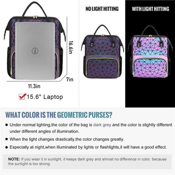 Geometric Luminous Backpack Holographic Reflective Bag Wallet Clutch Set - Picture 2 of 7